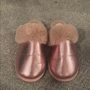 Anthropologie Metallic Pink Fur-Lined Slippers